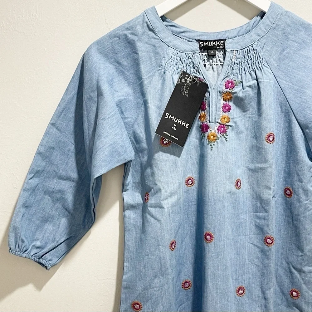 New SMUKKE BY A2J Big Girl’s Dress Blue Chambray Embroidered Sequins Size 14